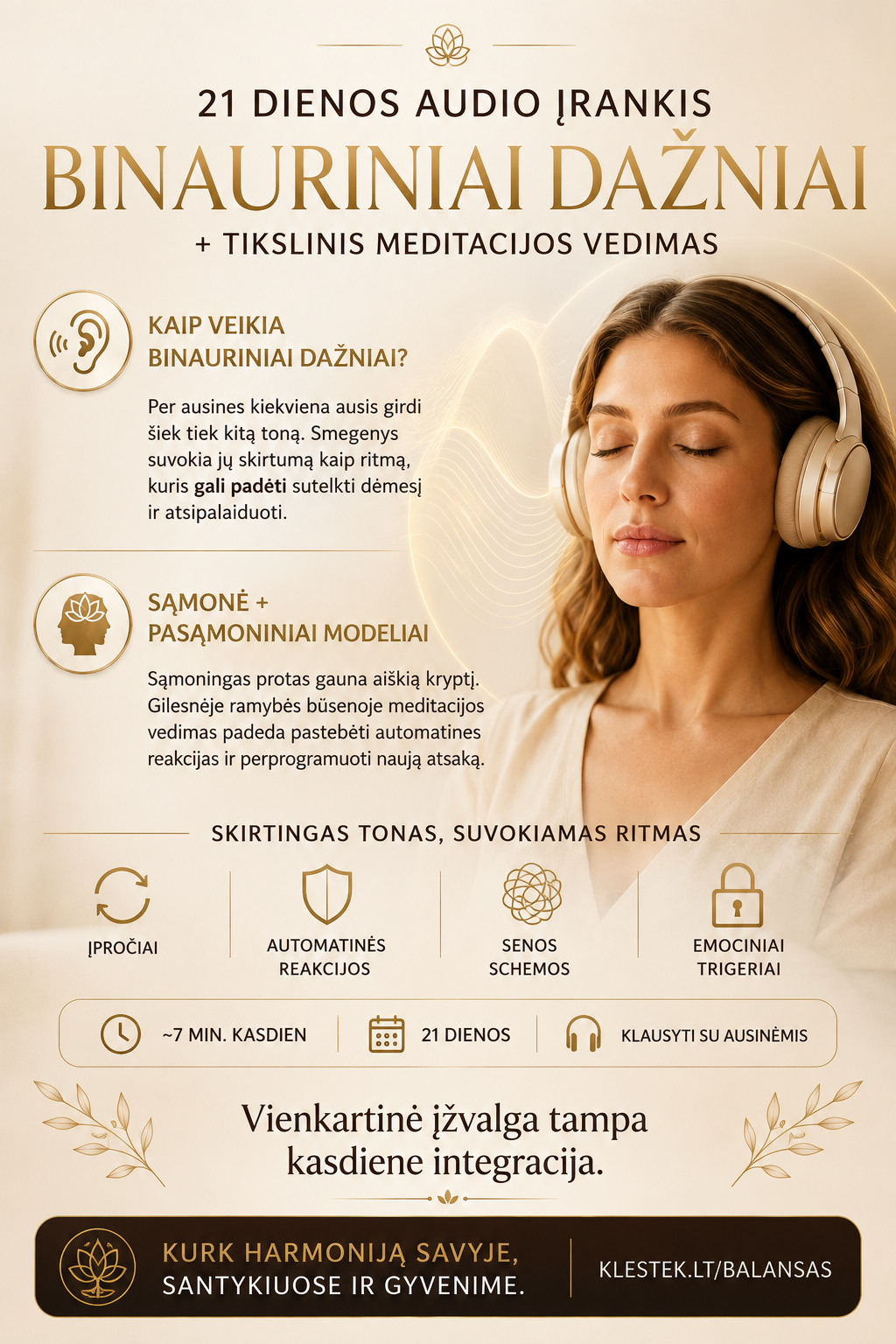 21 dienos audio įrankis: Binauriniai dažniai + tikslinis meditacijos vedimas